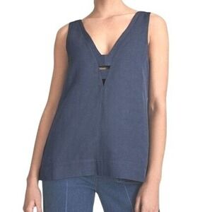REISS Emi V Neck Shell Top Mid Blue Linen Blend Size 8 NWT Sleeveless Blouse